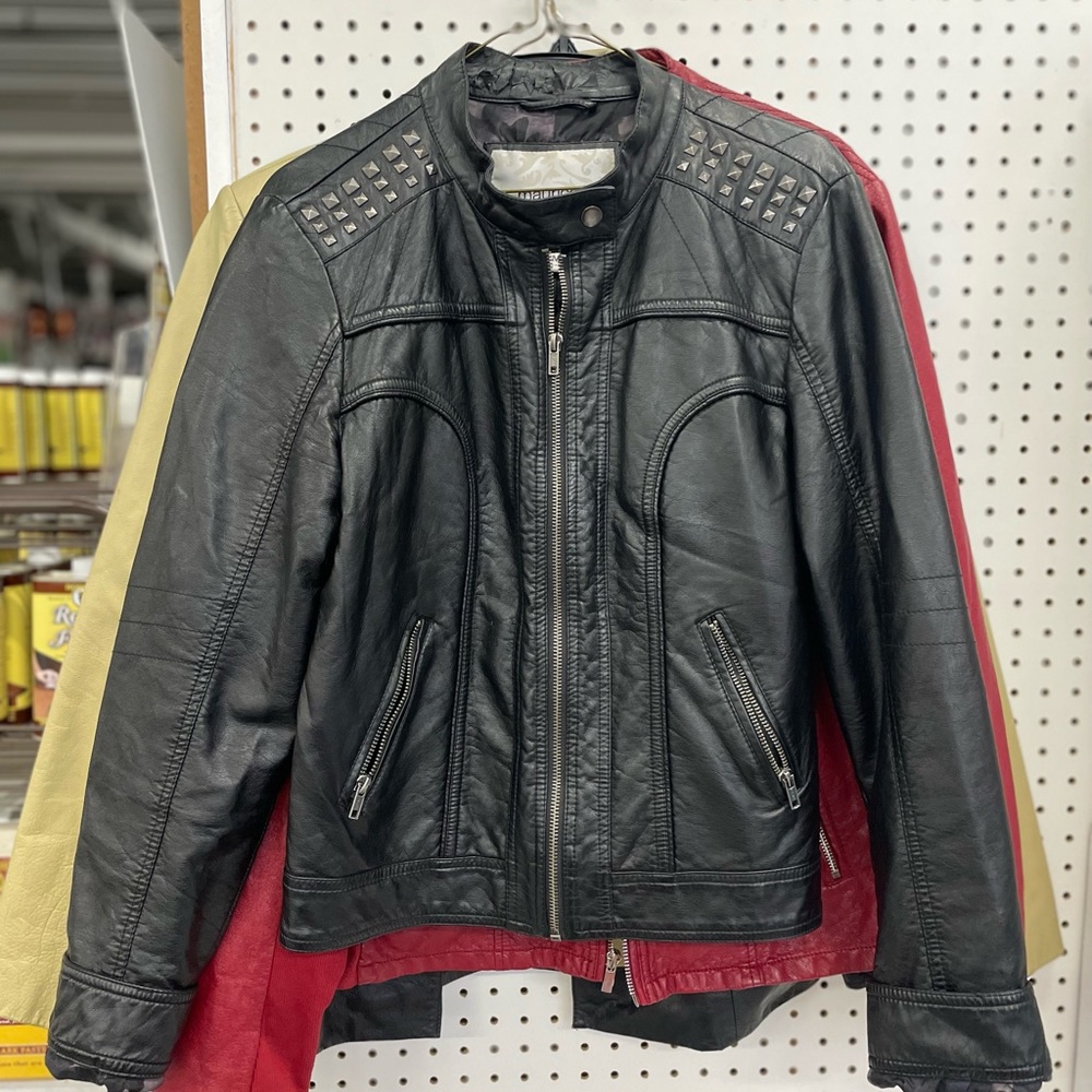 Black faux leather studded shoulders Jacket by Maurices. Sz M Black